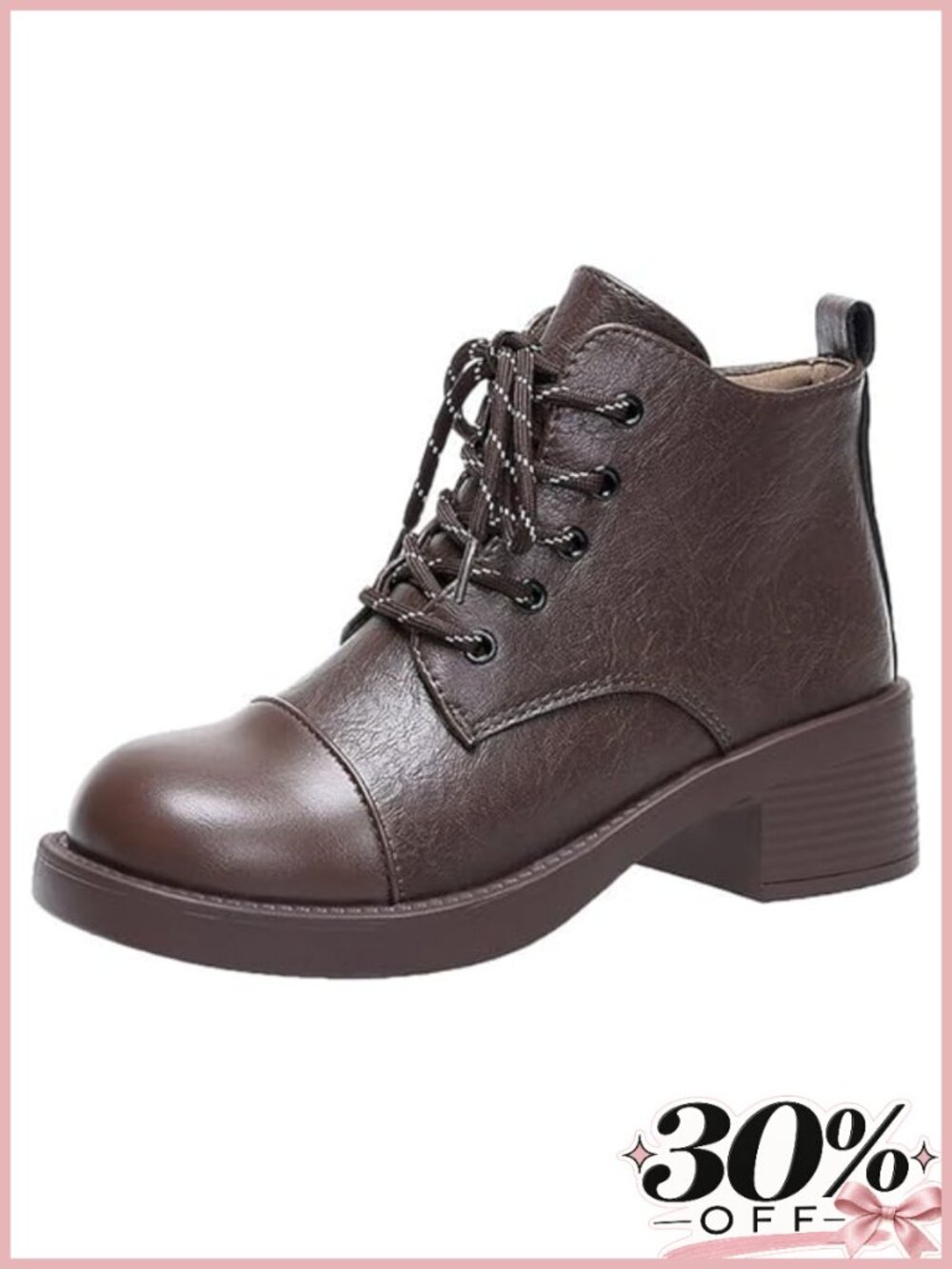 Leather Lace Up Chunky Heel Ankle Boots Round Toe Block Heel Booties